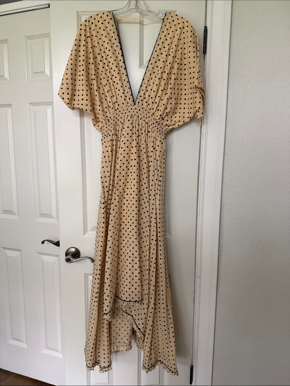 Beige Polka Dot V-Neck Maxi Dress